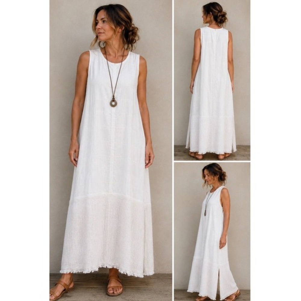 HK Designs Ivory Linen/Cotton Textured Maxi Dress Boho Fringe Hem Side Slits M/L